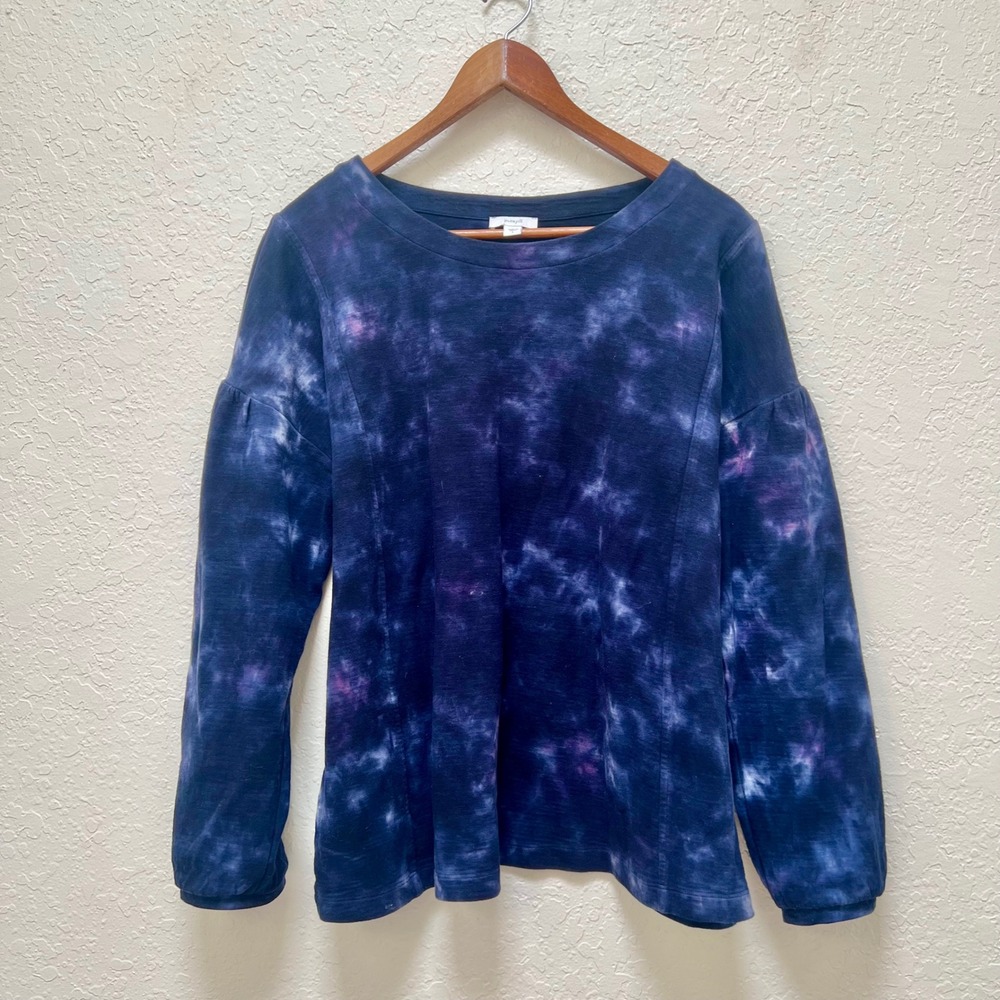 Pure Jill J. Jill Navy Purple Tie Dye Cotton Puff Sleeve‎ Top Large Pullover